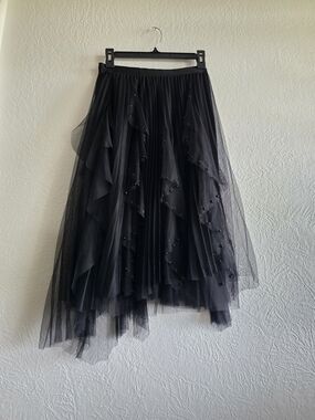 Whimsigoth Soho Apparel Black High-Low Tulle Skirt with Bead Embellishments